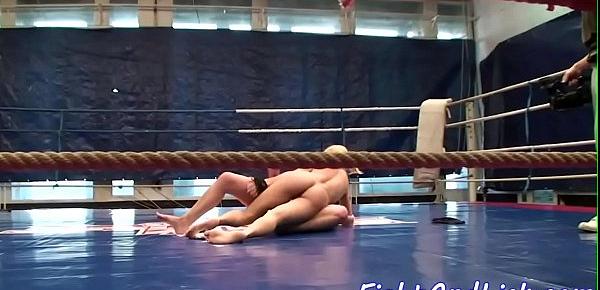  Stunning lesbians wrestling in a boxing ring